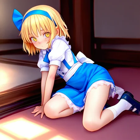 <lora:alice98ILL:1>,1girl,alice98,blonde_hair,yellow eyes,short hair,blue_bow,blue_hairband,hair_ribbon,, masterpiece, best quality, amazing quality, newest