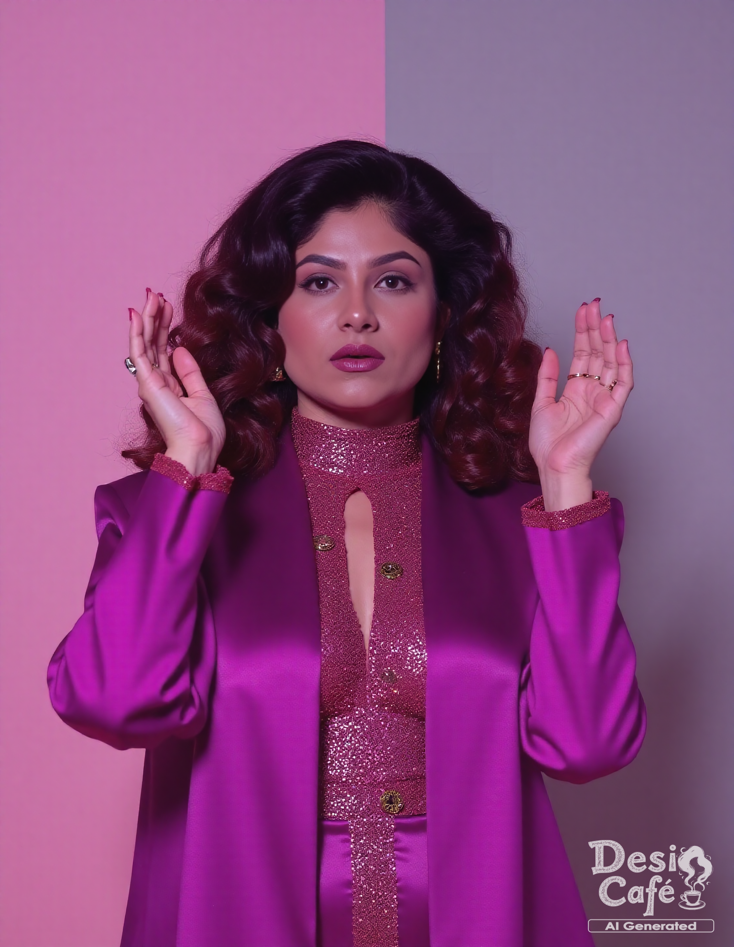 instagram photo of 4y3sh4 jhulk4 woman, hyper realistic photo that is safe for work, expression of wonderment with wide eyes, studio quality image with natural colors, well dressed wearing intricate long sleeved Magenta Palazzo Suit, hair styled as  curls,muted pastel shaded multicolored background that contrasts with the person, cinematic lighting,âââââ  <lora:4y3sh4_jhulk4_Ayesha_Jhulka_Flux_Kohya_V1:0.8>âââ