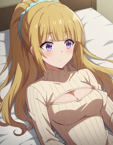 score_9, score_8_up, score_7_up, source_anime, keikaruizawa, <lora:kei-karuizawa-anime-s2-ponyxl-lora-nochekaiser:1>, kei karuizawa, long hair, bangs, blunt bangs, purple eyes, blonde hair, hair ornament, ponytail, scrunchie, blue scrunchie,, <lora:open-chest-sweater-ponyxl-lora-nochekaiser:1>, open-chest sweater, ribbed sweater, cleavage cutout, meme attire, clothing cutout, turtleneck, sweater dress, cleavage, clothes tug, sweater pull, cleavage reach,, indoors, bed, bed room, blush, on bed, on back,, cowboy shot, dutch angle,