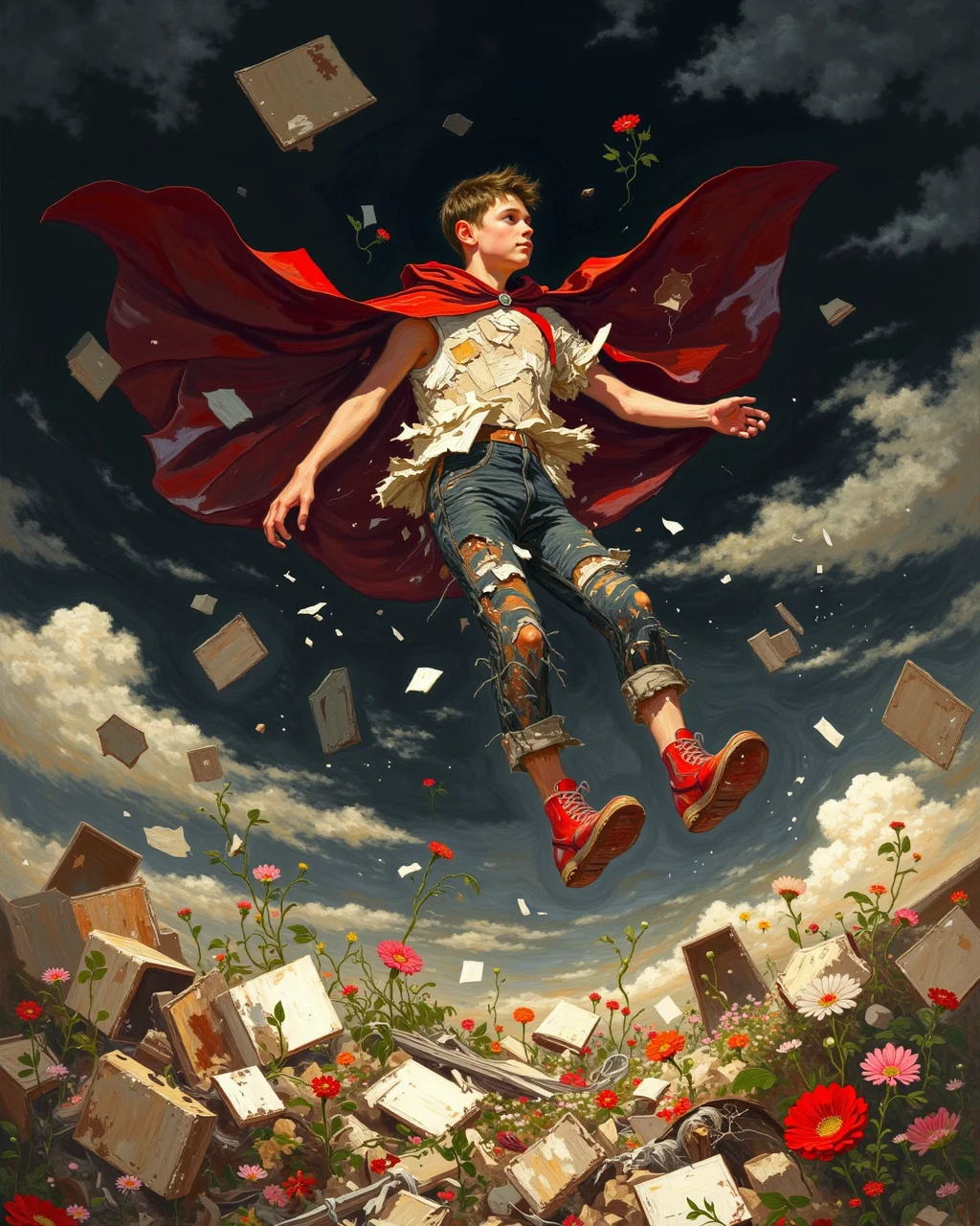 DB4RZ style painting, young man wearind a dark red cape is floating in the sky, debris and flowers below and floating around him, dark cloudy sky, red shoes, tattered clothing