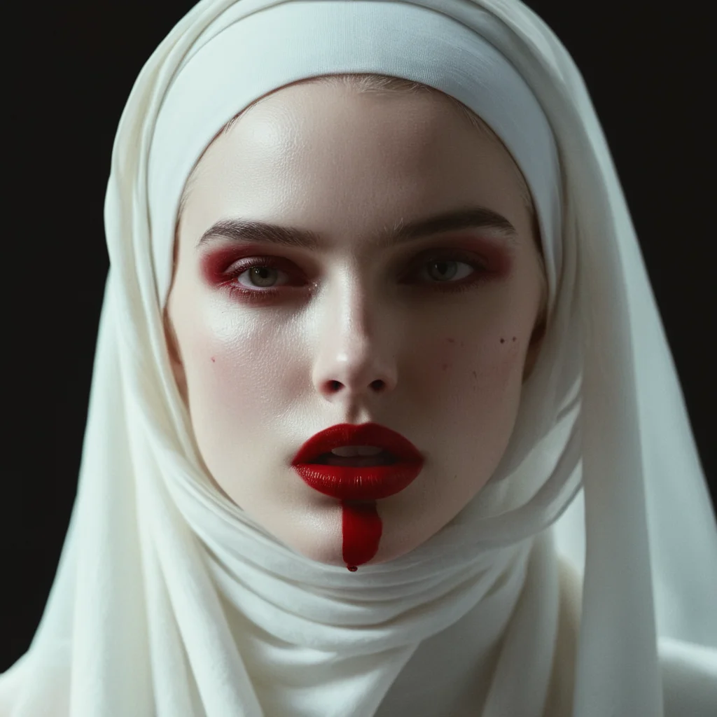 cinematic film still of <lora:High-key lighting Style:1>
bright light, bright, a woman with a white head covering and blood on her face High-key lighting Style,1girl,solo,simple background,lips,blood,makeup,bandages,lipstick,pale skin,white skin,realistic,red lips, shallow depth of field, vignette, highly detailed, high budget, bokeh, cinemascope, moody, epic, gorgeous, film grain, grainy