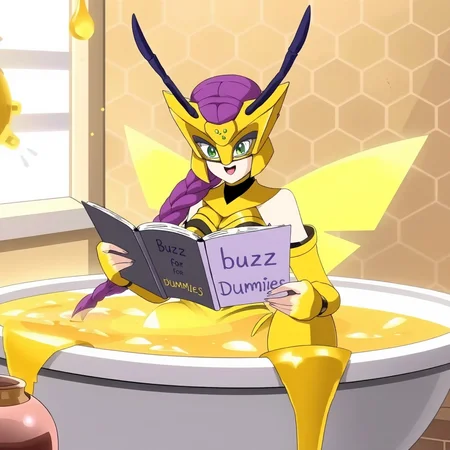 anime screencap of queenbeemon with horns and antenna and a purple braided ponytail and a yellow bodysuit and energy wings sitting in a bathtub filled entirely with honey and reading a book titled "buzz for dummies"