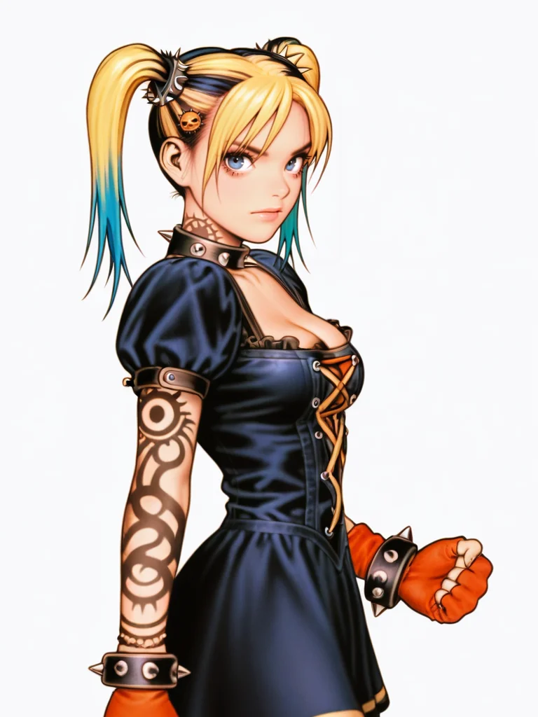 ShinkiroXL,, white background,,
1girl, dress, punk clothes, two-tone hair, blue eyes, short sleeves, cleavage, medium breasts, bracelet, tattoo, twintails, spikes, from side, from side, looking at viewer, dynamic pose, cowboy shot, hair ornament,
<lora:AShinkiro_Style:1>