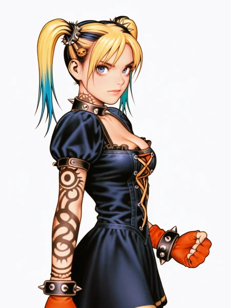 ShinkiroXL,, white background,,
1girl, dress, punk clothes, two-tone hair, blue eyes, short sleeves, cleavage, medium breasts, bracelet, tattoo, twintails, spikes, from side, from side, looking at viewer, dynamic pose, cowboy shot, hair ornament,
<lora:AShinkiro_Style:1>