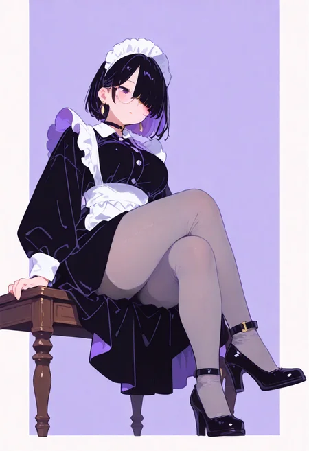 masterpiece, best quality, good quality, very aesthetic, absurdres, newest, 8K, viewed from below, legs focus, legs awe, full body, perspective, BREAK 
side portrait of stunning girl sitting, legs crossed, bangs, black hair, bobcut hair, purple eyes, choker, hair over one eye, (rimless big round glasses), large breasts, earrings, ear pierces, ultra detailed decorative victorian gossamer clothes, very short tight black maid dress, maid apron, multi colored hair, grey tights, black pumps, 
simple pastel turquoise  background with thick white border,
directional lighting, BREAK half closed eyes, blushing, unfocused eyes, slightly parted lips, distant gaze, emotionless look,
chubby legs, thick legs, skindentation, thick ankles, 
ultra-realistic, Flatline, Flat vector illustration, haiz_ai, no lineart, no outline,
pplegs,  748cmstyle,
 <lora:flatline:1.65>  <lora:ponyv6_noobE11_2_adamW:0.25>  <lora:Slider-LimbWidth:1.5> <lora:Slider-LegLength:-1.5> <lora:v0.04_Concept_pony:0.2> <lora:748cmSDXL:0.45>