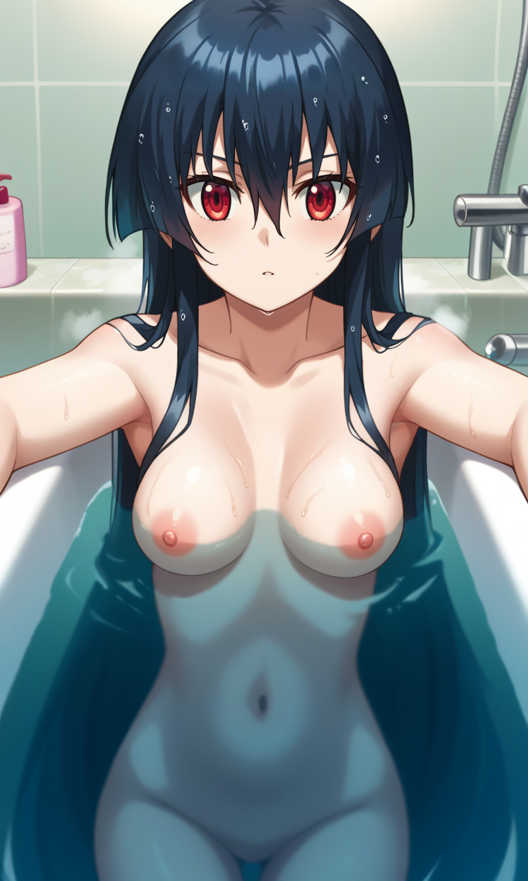 score_9, score_8_up, score_7_up, 1girl, akame, red_eyes, black_hair, very_long_hair, hair_between_eyes, medium_breasts, bathtub, bathroom, in_water, wet, wet_hair, steam, on_back, arm_support, nipples