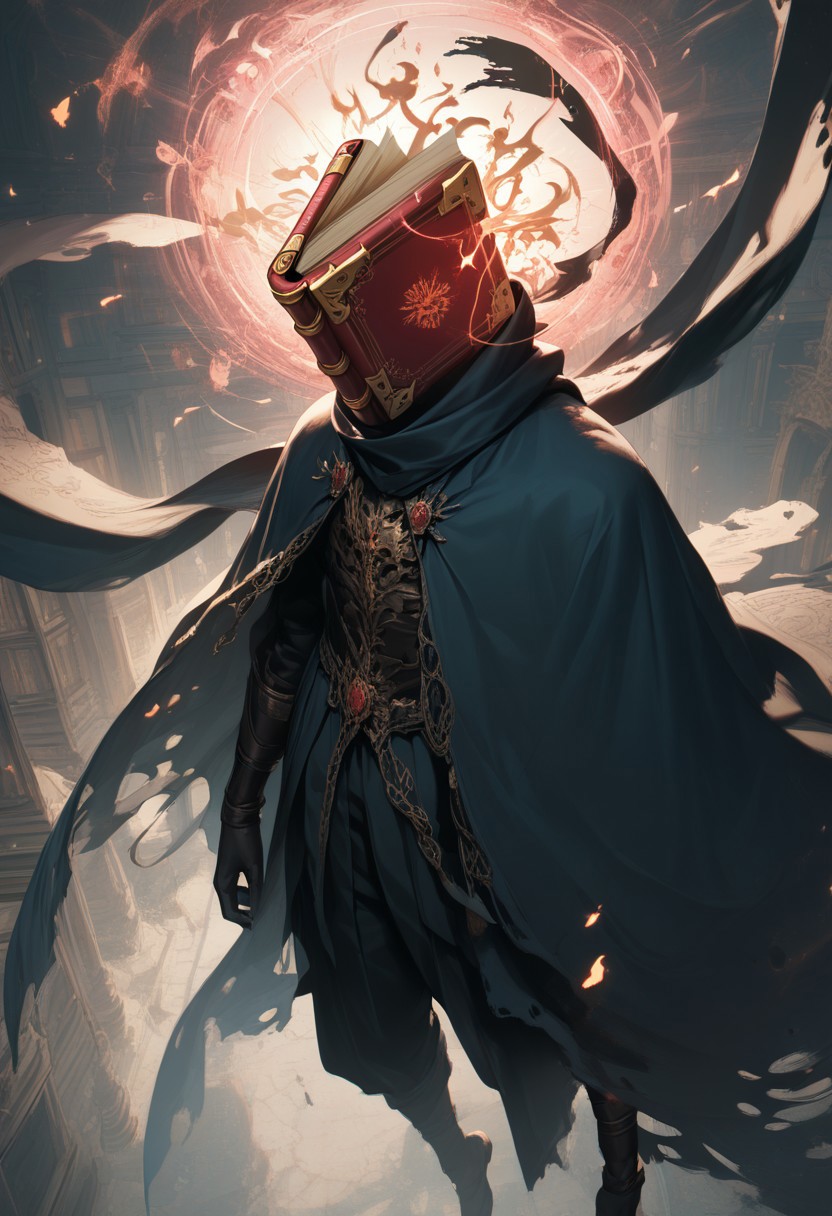 easynegative, source_anime, zPDXL2, extremely detailed, score_9, score_8_up, score_7_up, score_6_up, object_head, h3ad, <lora:Insert_Head_Here:1> zzmagicbook, floating book, flying pages, headless, long scarf, object_head, flowing cloak, powerful spell, close up:1.5, portrait, dynamic pose, from above, hand up,