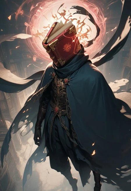 easynegative, source_anime, zPDXL2, extremely detailed, score_9, score_8_up, score_7_up, score_6_up, object_head, h3ad, <lora:Insert_Head_Here:1> zzmagicbook, floating book, flying pages, headless, long scarf, object_head, flowing cloak, powerful spell, close up:1.5, portrait, dynamic pose, from above, hand up,