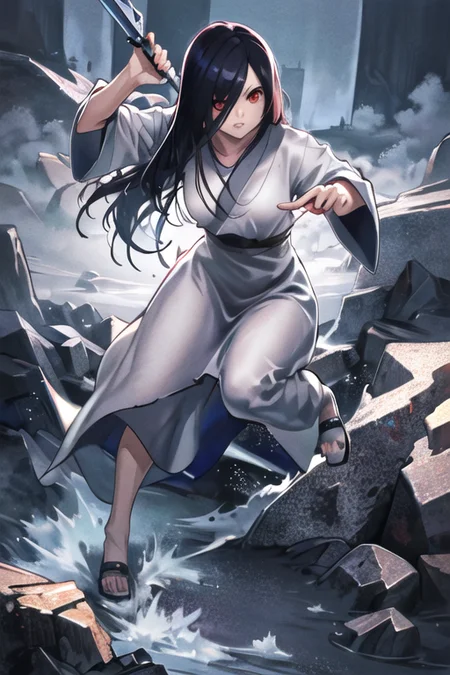 ((masterpiece)),(best quality), absurdres,sadako_yamamura,red eyes, white dress,<lora:Sadakobest:0.8>, <lora:attackingConcept_18:0.6>,detailed solo character holding weapon, detailed face, attack action, using weapon, intricate design, sharp focus, fantasy clothing,