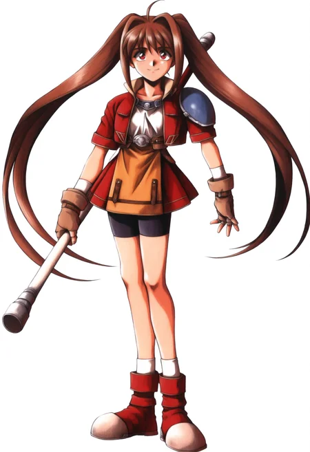 masterpiece, best quality, solo, 1girl, smile, looking at viewer, <lora:FF7-Offical-Art-illus_Fp:1>, 1990s \(style\), simple background, white background, full body, standing, <lora:estellebright-illu-nvwls-v1:1>, fcEstl, brown hair, very long hair, ahoge, twintails, red eyes, red jacket, blue shoulder pad, single shoulder pad, white shirt, brown gloves, fingerless gloves, red skirt, waist apron, bike shorts, red boots, holding staff,