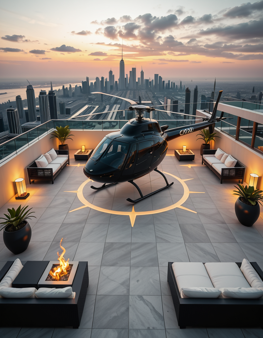 A high-resolution photo of a luxurious rooftop of a five-star hotel at sunset, featuring a sleek helipad with a high-end, matte-black private helicopter elegantly parked. The rooftop is designed with ultra-modern architecture, featuring a spacious terrace with infinity-edge glass railings, ambient lighting, and a panoramic city skyline in the background. The surface of the helipad is clean, polished concrete with clear illuminated markings. Surrounding the helipad, there are lounge areas with modern outdoor furniture, minimalist fire pits, and decorative planters with tropical greenery. The lighting is warm and golden, casting soft shadows and highlighting the contours of the helicopter and the textures of the rooftop. The sky is dramatic, painted with hues of orange, pink, and violet, creating a cinematic atmosphere of luxury and exclusivity. The overall mood is elite, calm, and aspirational, showcasing the ultimate in urban luxury lifestyle.
<lora:SDXLFaeTastic2400:0.4> <lora:extremely_detailed:0.4> extremely detailed,helipad r00ft0p <lora:helipad_r00ft0p-i:1>, Masterpiece,best quality,hi res,8k,hi res,8k,award winning,(sharp focus, intricate, highly detailed),