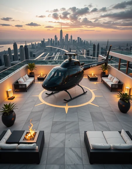 A high-resolution photo of a luxurious rooftop of a five-star hotel at sunset, featuring a sleek helipad with a high-end, matte-black private helicopter elegantly parked. The rooftop is designed with ultra-modern architecture, featuring a spacious terrace with infinity-edge glass railings, ambient lighting, and a panoramic city skyline in the background. The surface of the helipad is clean, polished concrete with clear illuminated markings. Surrounding the helipad, there are lounge areas with modern outdoor furniture, minimalist fire pits, and decorative planters with tropical greenery. The lighting is warm and golden, casting soft shadows and highlighting the contours of the helicopter and the textures of the rooftop. The sky is dramatic, painted with hues of orange, pink, and violet, creating a cinematic atmosphere of luxury and exclusivity. The overall mood is elite, calm, and aspirational, showcasing the ultimate in urban luxury lifestyle.
<lora:SDXLFaeTastic2400:0.4> <lora:extremely_detailed:0.4> extremely detailed,helipad r00ft0p <lora:helipad_r00ft0p-i:1>, Masterpiece,best quality,hi res,8k,hi res,8k,award winning,(sharp focus, intricate, highly detailed),