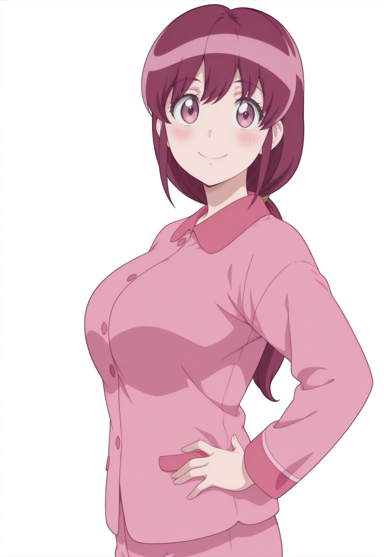 ainokaori, 1girl, pink eyes, dark pink hair, long hair, low ponytail, mature female, pink pajamas, anime screencap, big breasts,

masterpiece, best quality, high resolution, 

(white background), smile, blush, looking at viewer, hands on own hips, from side, 