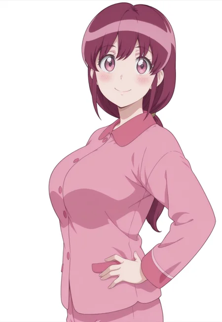 ainokaori, 1girl, pink eyes, dark pink hair, long hair, low ponytail, mature female, pink pajamas, anime screencap, big breasts,
masterpiece, best quality, high resolution,
(white background), smile, blush, looking at viewer, hands on own hips, from side,