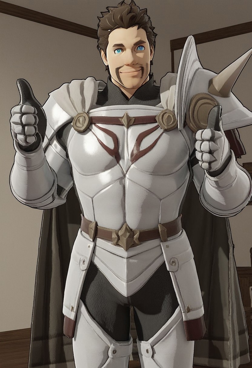 score_7_up, score_8_up, solo male, male only, in-game, render, cowboy shot, 
BREAK,
1boy, alois, facial hair, armor, brown hair, blue eyes, smile, thumbs up, 
indoors, detailed face,