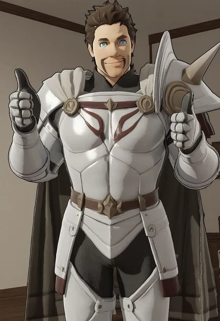 score_7_up, score_8_up, solo male, male only, in-game, render, cowboy shot, 
BREAK,
1boy, alois, facial hair, armor, brown hair, blue eyes, smile, thumbs up, 
indoors, detailed face,