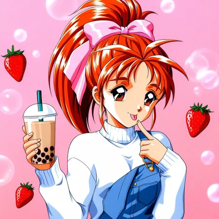 general,highres, ultra-detailed,very aesthetic, masterpiece, best quality, 1990s (style), 1girl, solo, Saotome_Yumi(Tokimeki_Memorial),
Saotome_Yumi, brown eyes, orange hair, hair bow, high ponytail, long hair, small breasts,
smile, tongue out,
white sweater, blue overalls, upper body, strawberry, holding cup, bubble tea, simple background, shine background,
