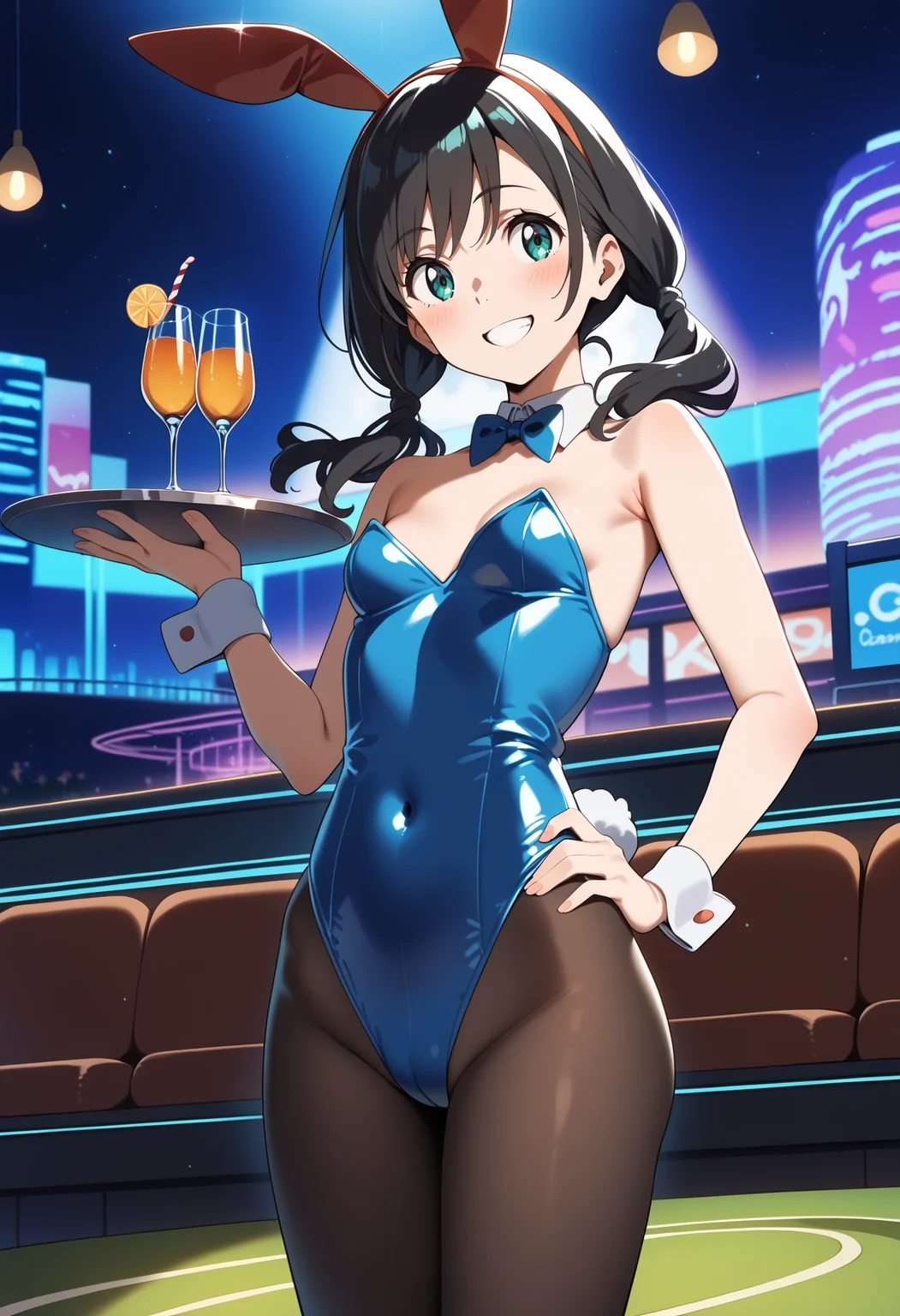 score_9, score_8_up, score_7_up, score_6_up, score_5_up, score_4_up, source_anime, aahina, medium hair, black hair, low twintails, aqua eyes, small breasts, <lora:amano_hina_ponyxl_v1:0.9>, playboy bunny, hairband, leotard, black pantyhose, holding tray, casino, standing, smile,