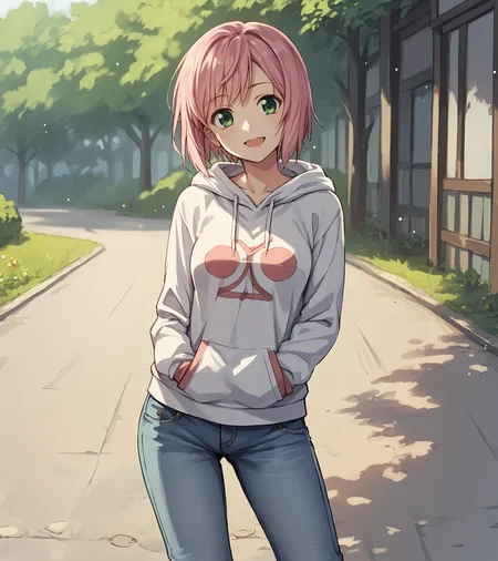 score_9, score_8_up, score_7_up, score_6_up, score_5_up, score_4_up, BREAK source_anime,
1girl, solo, <lora:EstelliseSidosHeurassein:1> , Estellise Sidos Heurassein, pink hair, short hair, green eyes, medium breasts,
hoodie, jeans,
outdoors,
looking at viewer, happy, standing,
miyuki_\(miyuki0529\),