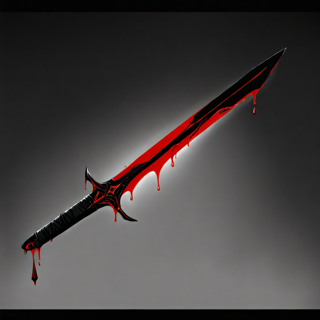pool of blood, sparkle, scarf, greyscale, realistic lighting, anime style, light particles, dripping, glowing weapon, shattered edge, object-focused, solo, book, simple background, sword, holding, depth of field, glowing, letterboxed, grey background, star (sky), gradient, red theme, crystal, night sky