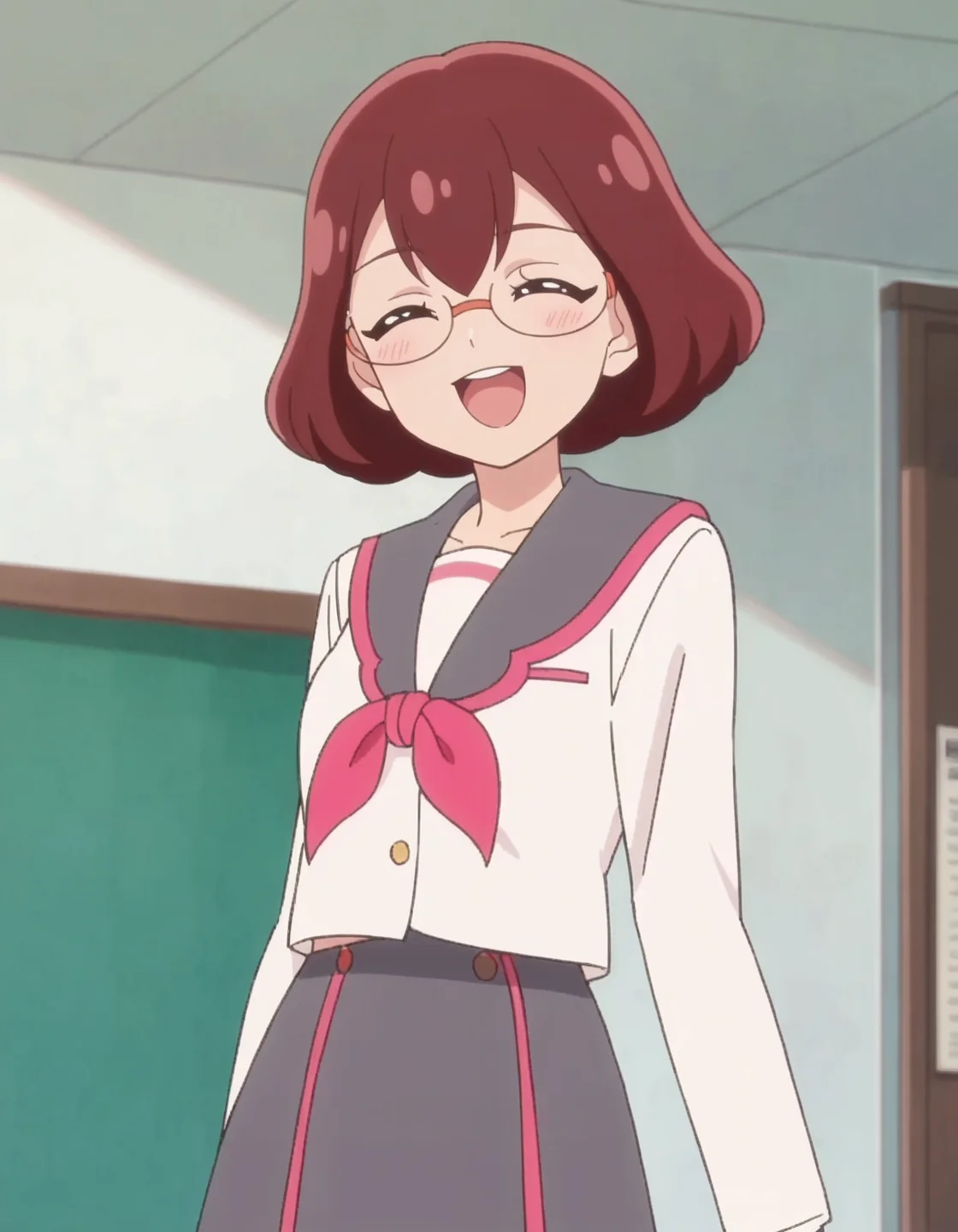 score_9, score_8_up, score_7_up, anime screencap, solo,1girl,higashinakamikoto, glasses, school uniform, smile, serafuku, skirt, neckerchief, sailor collar,looking at viewer,,medium breasts,cowboy shot,blush ,open mouth,closed eyes<lora:higashinakamikoto_pony:0.8>