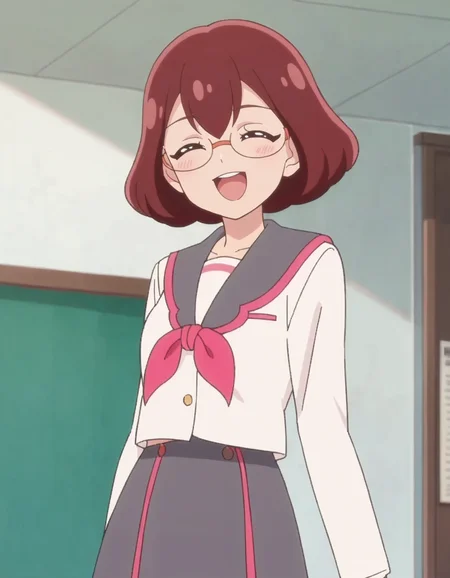 score_9, score_8_up, score_7_up, anime screencap, solo,1girl,higashinakamikoto, glasses, school uniform, smile, serafuku, skirt, neckerchief, sailor collar,looking at viewer,,medium breasts,cowboy shot,blush ,open mouth,closed eyes<lora:higashinakamikoto_pony:0.8>
