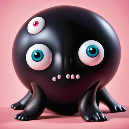 pitch black goo ball with two eyes, realistic cartoon