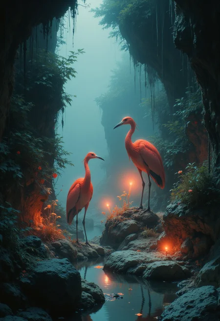 An enigmatic composition bathed in soft, diffused light, blending whispers of surrealism and melancholia. The scene unfolds in a cinematic atmosphere where subtle textures and delicate grains add depth, while the interplay of light and shadow enhances the quiet intensity of the moment. A subdued color palette merges with ethereal haze, evoking a dreamlike quality and timeless stillness. The central subject –Bright red herons stand poised amidst coral-like formations in an underwater cave. Diffused sunlight filters through the water, illuminating the vivid feathers and casting a warm glow on the rocky surfaces. The herons’ surreal elegance and vivid coloration juxtapose beautifully against the naturalistic textures of their submerged surroundings, creating an almost painterly composition.– is delicately framed, their presence balanced between mystery and intimacy. Surrounding elements, rich in symbolic undertones, anchor the narrative in an otherworldly context. Organic details like softly swaying flora or faintly glowing surfaces contrast with stark, haunting figures, creating a juxtaposition that is both poignant and surreal. The composition invites introspection, with negative space amplifying the mood's resonance. Every detail, from the atmospheric depth to the muted highlights, serves to craft an image that feels suspended in an emotional, poetic realm, steeped in quiet nostalgia.
surreal style