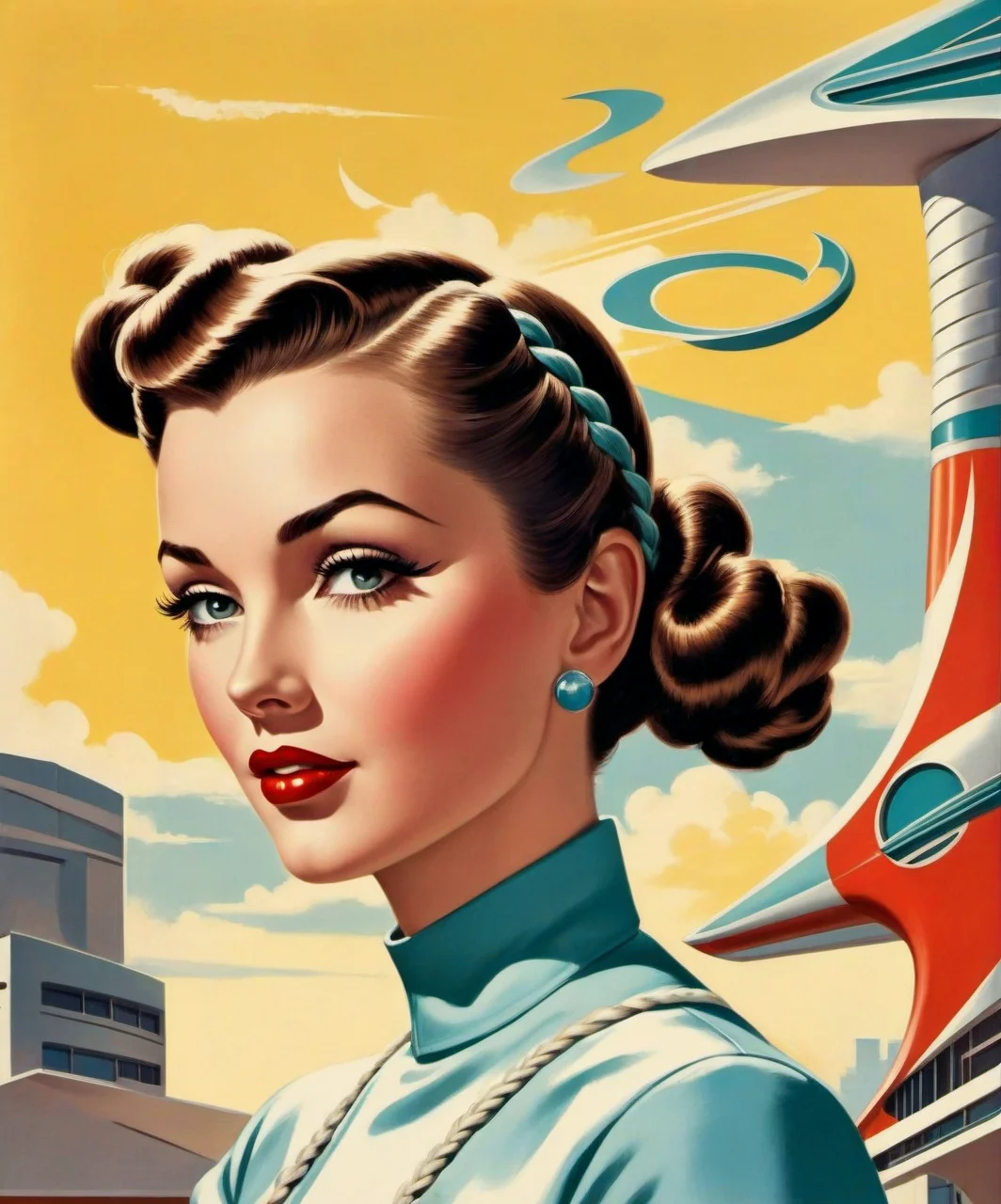 Googie Art Style , a gorgeous woman, braided pigtails , dynamic, dramatic, 1950's futurism, bold boomerang angles, Googie art style