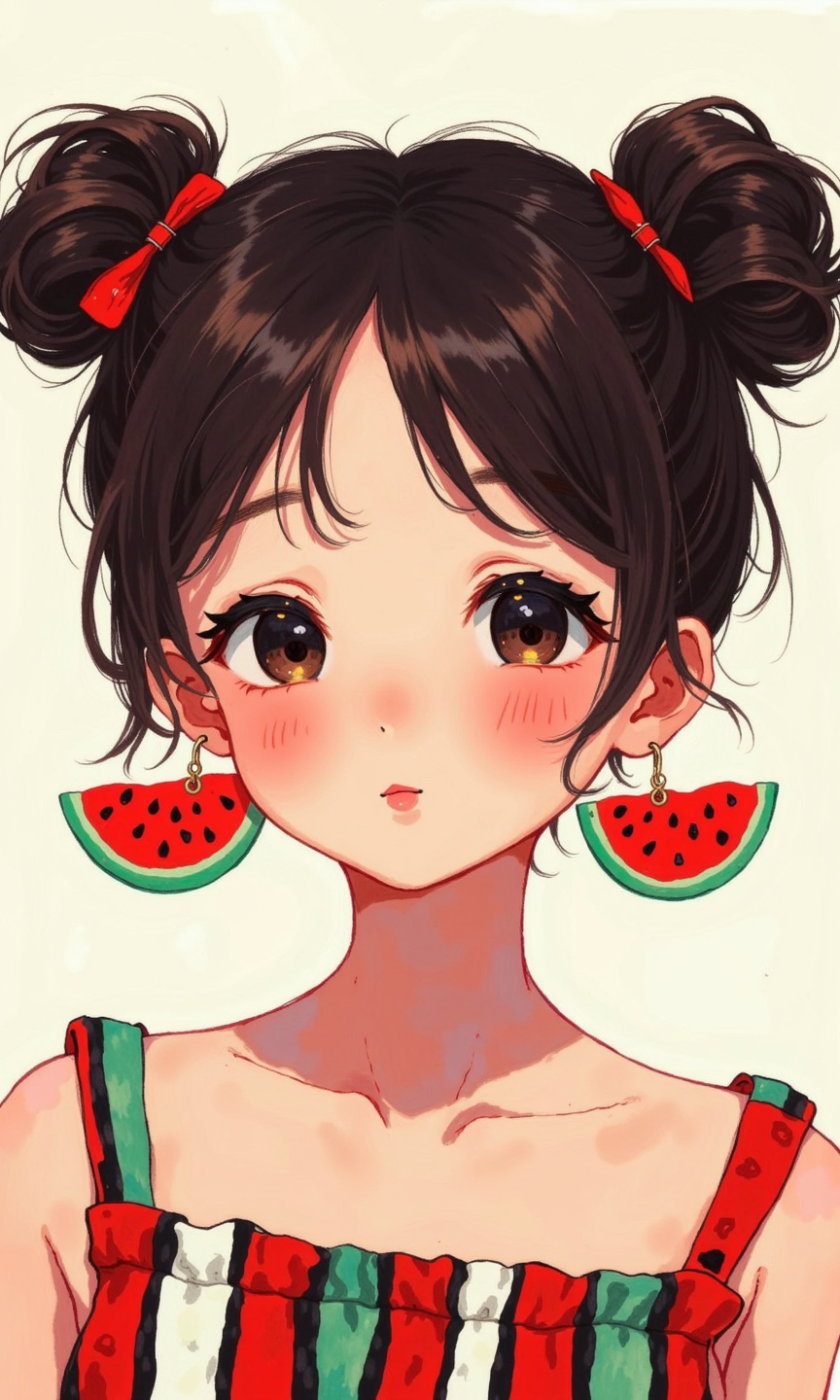Close-up of a stylized illustration of a girl. 
The girl has double buns in her dark brown/black hair, which frames her face.  Her skin tone is light with rosy, blush-like coloring around her cheeks and a soft tone to her forehead and nose. Her eyes have a gentle, soft look with dark eyeliner.  Her eyebrows are well-defined and natural.  Her lips are a light pink or red, and her expression appears pleasantly calm.
She is wearing earrings shaped like slices of watermelon, which are rendered in vibrant, vibrant red with dark-green-black seeds.
Her clothing consists of a striped top with red and white vertical stripes (or possibly a subtle red pattern) over green and black vertical stripes (the green appears more pronounced and the black lines more marked).  The design gives a strong watermelon/summer theme to the overall artwork.
The background is a simple plain off-white/cream color.  The style of the illustration is smooth, with a soft, almost painterly texture, suggesting the use of watercolors or digital painting techniques.  The art style is characteristic of a graphic design approach blending anime/manga with watercolor-style techniques.
<lora:FLUX-daubrez-DB4RZ-v2:1> DB4RZ, DB4RZ style painting