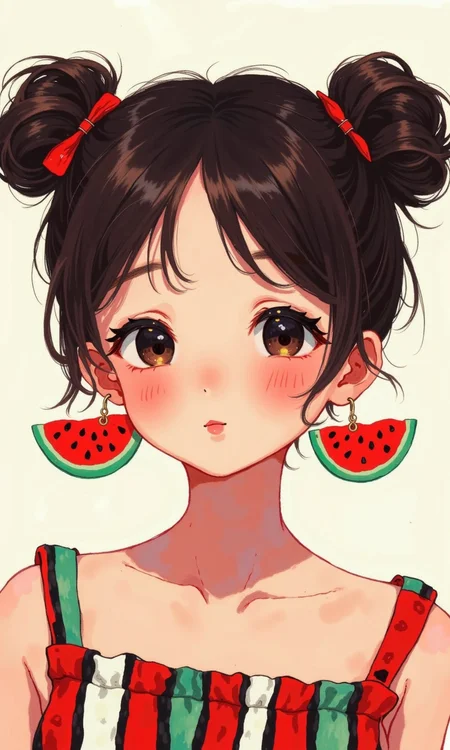 Close-up of a stylized illustration of a girl.
The girl has double buns in her dark brown/black hair, which frames her face. Her skin tone is light with rosy, blush-like coloring around her cheeks and a soft tone to her forehead and nose. Her eyes have a gentle, soft look with dark eyeliner. Her eyebrows are well-defined and natural. Her lips are a light pink or red, and her expression appears pleasantly calm.
She is wearing earrings shaped like slices of watermelon, which are rendered in vibrant, vibrant red with dark-green-black seeds.
Her clothing consists of a striped top with red and white vertical stripes (or possibly a subtle red pattern) over green and black vertical stripes (the green appears more pronounced and the black lines more marked). The design gives a strong watermelon/summer theme to the overall artwork.
The background is a simple plain off-white/cream color. The style of the illustration is smooth, with a soft, almost painterly texture, suggesting the use of watercolors or digital painting techniques. The art style is characteristic of a graphic design approach blending anime/manga with watercolor-style techniques.
<lora:FLUX-daubrez-DB4RZ-v2:1> DB4RZ, DB4RZ style painting