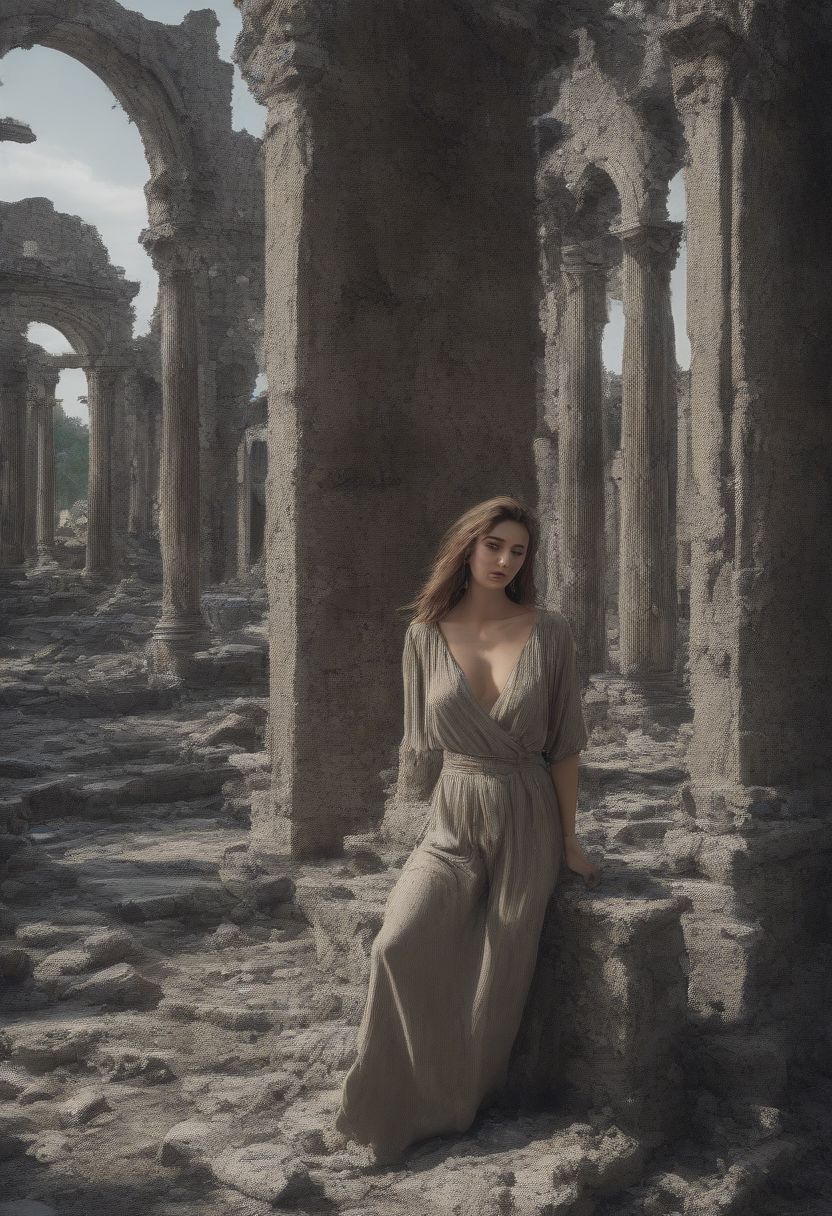 a sexy woman is doing modeling work at the ruins, 8K, realistic, masterpiece,