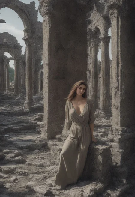 a sexy woman is doing modeling work at the ruins, 8K, realistic, masterpiece,