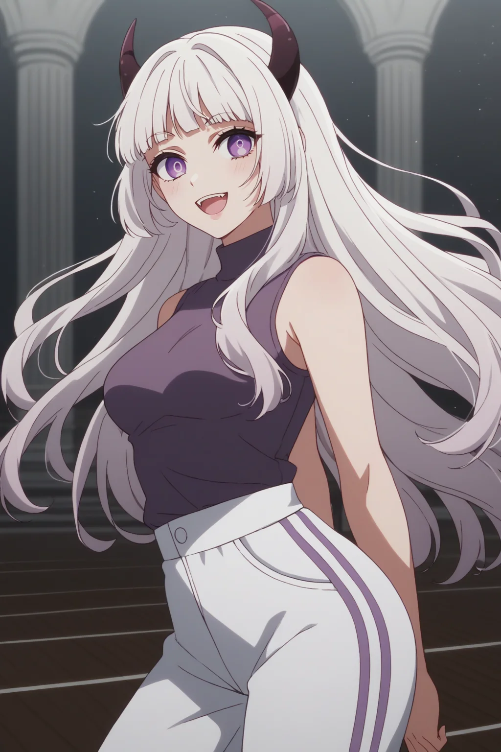 sscore_9, score_8_up, score_7_up, source_anime, 1girl, prefect lighting, very aesthetic, intricate details, highly detailed background, masterpiece, high quality, prefect hands, best quality, solo,
<lora:Mei_Adashino_Oshi_No_Ko_V2:.85>, KJOmei, white hair, purple eyes, sidelocks, long hair, blunt bangs, demon horns, facial mark, thick eyebrows,
turtleneck, track pants, untucked shirt,
arms behind back, smile, blush, looking at viewer, open mouth, from side, head tilt, leaning forward, fangs,
dancing studio, wooden floor,
(Beautiful, medium Breasts:1.2), natural breasts,