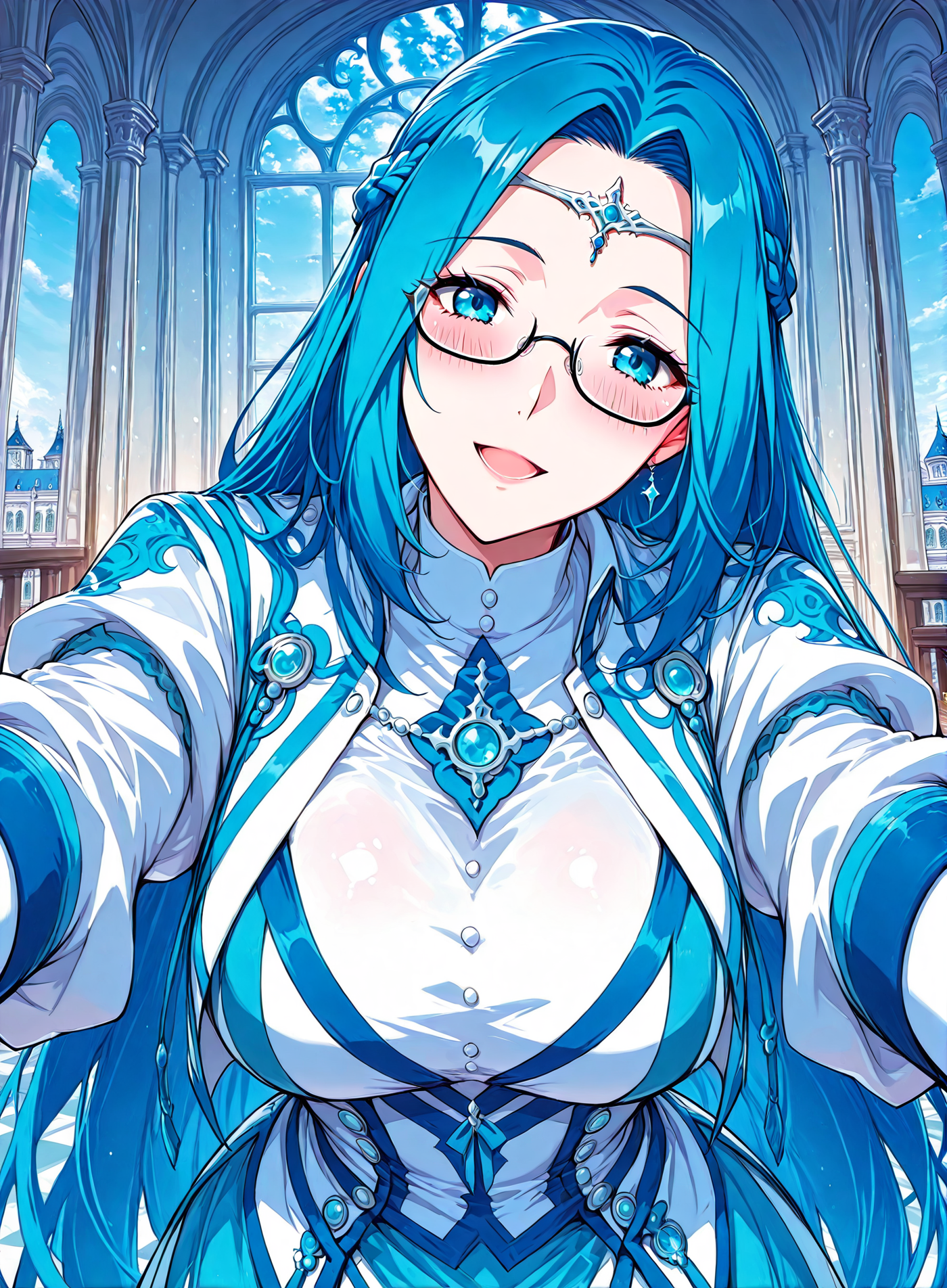 <lora:Ruo_Ling__Battle_Through_the_Heavens__Illustrious:1>
1 girl, solo, blue eyes, very long hair, blue hair, french braid, half updo, 
dress, long skirt, long sleeves, bottons, circlet, jewelry, glasses, semi-rimless eyewear,  
score_9, score_8_up, score_7_up, score_6_up, source_anime, rating_explicit, 1girl, solo, smile, embarrassed, alcalose eyes, open mouth, mansion, indoors, looking at viewer, outstretched arms, pov, close-up, (head tilt:1.2), <lora:iLLMythG0thicL1nes:1>