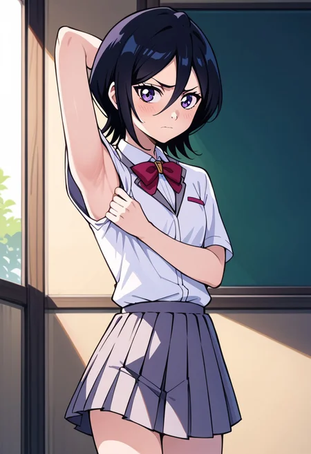 Masterpiece, Highest Quality, Ultra Detailed, High Resolution, Score_9, Score_8_up, Score_7_up, source_anime. anime style. masterpiece, highres, absurdres. Best resolution. Good anatomy.
1girl, kuchiki rukia, purple eyes, black hair, short hair. blazer, white shirt, school uniform, pleated skirt, kneehighs, socks. embarrassed
(1girl, solo. pulling clothes to show armpits. hold clothes with one hand)