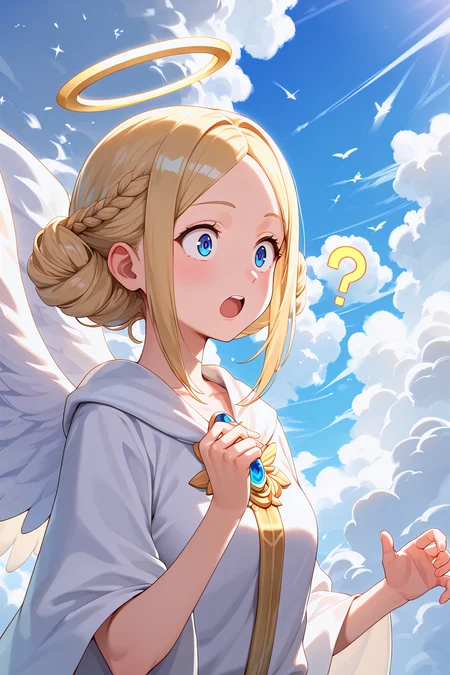 score_9, best quality,
1girl,angel,clouds,lighting,divine,bright,illumination,upper body,surprised,question