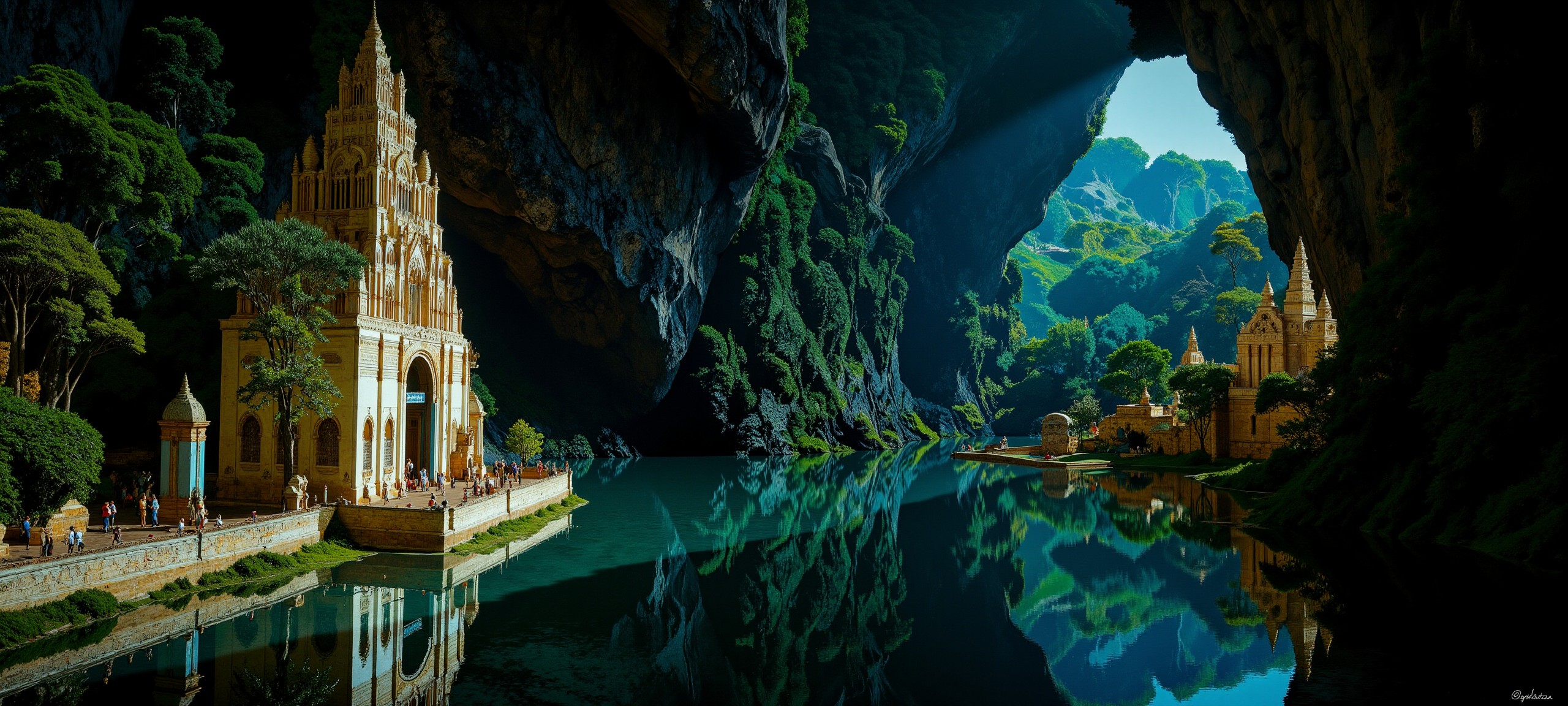 Surrealism painting. Ground level view long shot. A magnifcent Haitian distant city inside a cave with bioluminescent funghi at night. goth theme. Intricate white and chartreuse and brass Gothic details. Overall, the scene is flooded and is very detailed. Dramatic lighting illuminates the scene from the left. <lora:Paper_Marbling_Flux:0.4> <lora:midjourney_whisper_chromaplex_v1:0.4> <lora:flux.1_lora_flyway_Epic-detail_v2:0.5> <lora:C00lH0use:0.6>