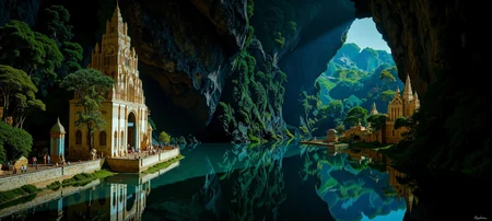 Surrealism painting. Ground level view long shot. A magnifcent Haitian distant city inside a cave with bioluminescent funghi at night. goth theme. Intricate white and chartreuse and brass Gothic details. Overall, the scene is flooded and is very detailed. Dramatic lighting illuminates the scene from the left. <lora:Paper_Marbling_Flux:0.4> <lora:midjourney_whisper_chromaplex_v1:0.4> <lora:flux.1_lora_flyway_Epic-detail_v2:0.5> <lora:C00lH0use:0.6>