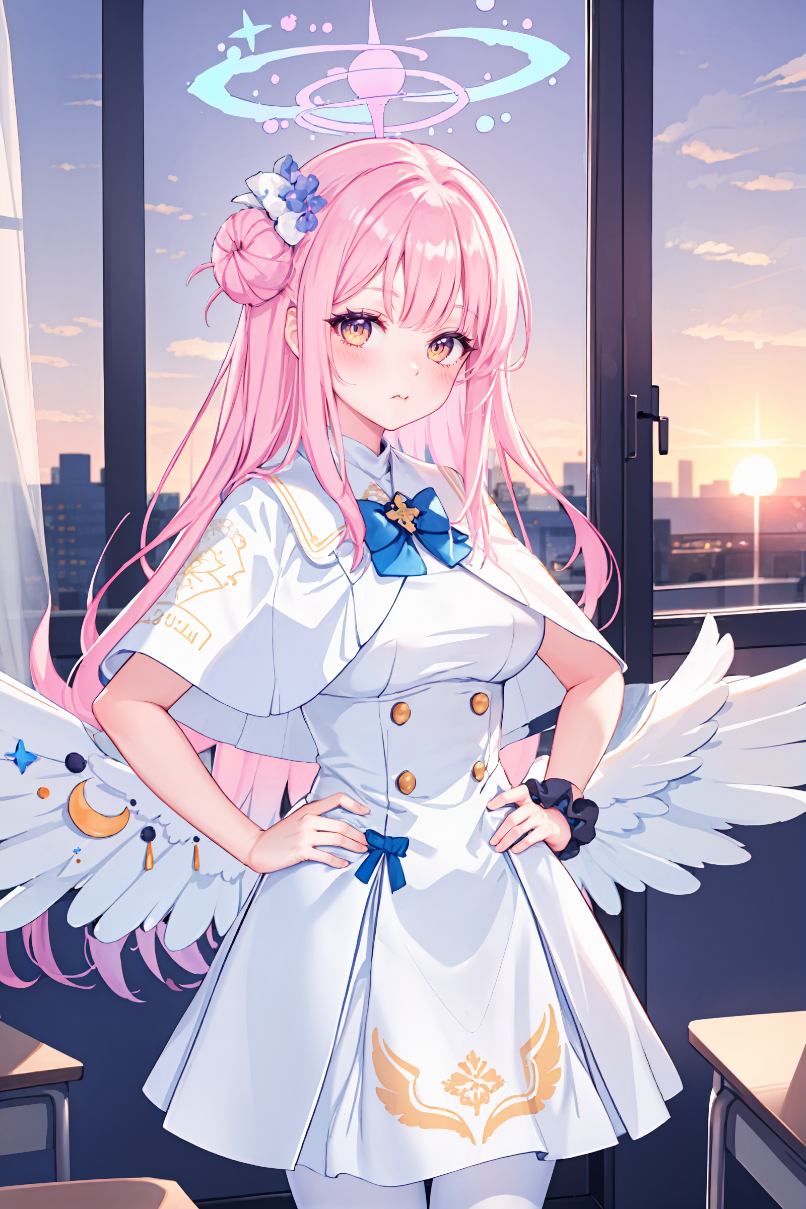 1girl, mika \(blue archive\), solo, halo, wrist scrunchie, low wings, hair flower, white dress, single side bun, white pantyhose, capelet, blue bowtie, standing, cowboy shot, looking at viewer, pout, blush, hands on hips, sunset, classroom, window, backlighting, depth of field