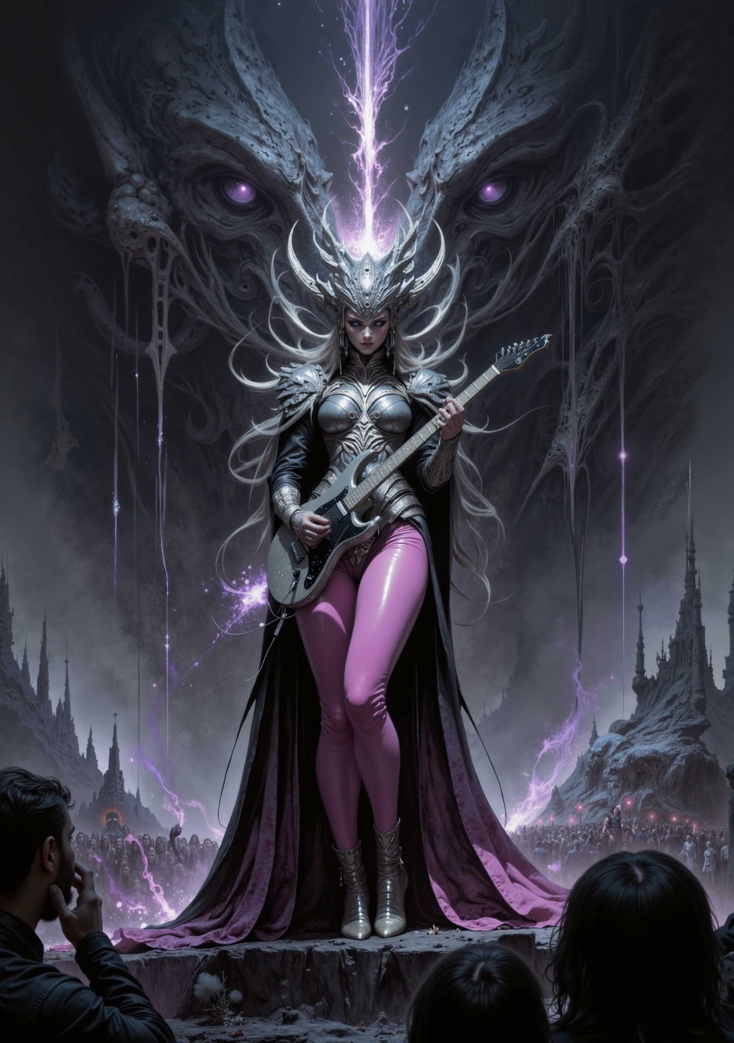 woman as Nyarlathotep's negotiator playing epic (electric guitar) solo in front of huge crowd, wearing black leather suit and pink leggings, monochrome tones, blurred setting, dark atmosphere, standing on stage, epic pose, purple sparks from electric guitar, (mesmerized crowd), lovecraftian horror {prompt} . eldritch, cosmic horror, unknown, mysterious, surreal, highly detailed