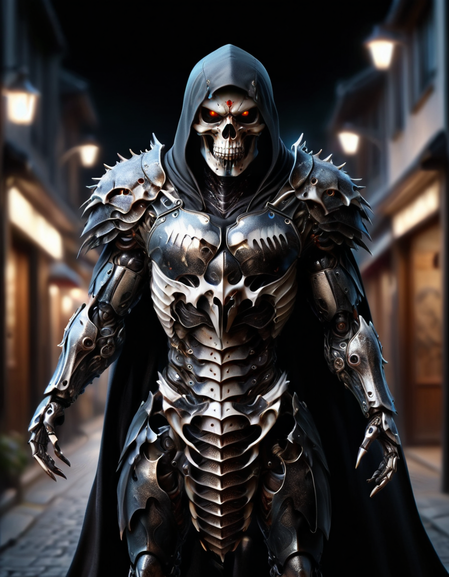 (masterpiece:1.2), best quality, high resolution, perfect lighting, extremely detailed, (crystalz Terminator assasin), battle scared white and black carbon armor, Wearing a dark cloak with hood, skull face just visable under hood, full_armor, humanoid, Metal Human skull head, (extreme detailed micro mechcanical scary Metal human skull design). Samurai sword shinning silver, Runes decorative embossments over his cloak, slim muscular body fast agile and stealthy, background a dark back street with subtle lighting and shadows, at night, facing viewer, solo, made out of ral-anmlsktn <lora:ral-anmlsktn:1>