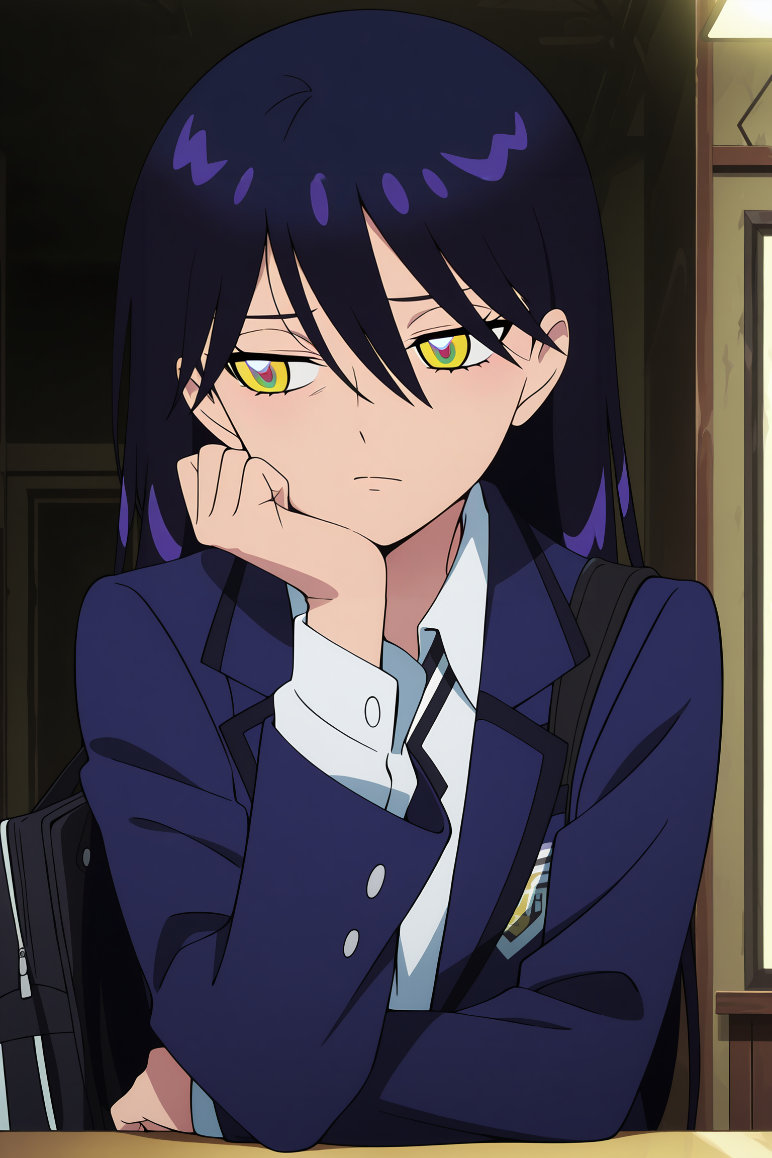 volumetric lighting, official style, amazing quality, ultra detailed, highres, detailed background, anime screenshot, anime screencap, anime coloring, masterpiece, detailed face,1girl   <lora:Nyann___:0.9>Nyann, solo, long hair, school uniform, multicolored eyes, jacket, head rest, striped, blazer, dark purple hair, upper body, hair between eyes, long sleeves, shirt, closed mouth, white shirt, blue hair, blue jacket, bag, collared shirt, bangs
