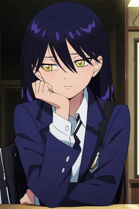 volumetric lighting, official style, amazing quality, ultra detailed, highres, detailed background, anime screenshot, anime screencap, anime coloring, masterpiece, detailed face,1girl <lora:Nyann___:0.9>Nyann, solo, long hair, school uniform, multicolored eyes, jacket, head rest, striped, blazer, dark purple hair, upper body, hair between eyes, long sleeves, shirt, closed mouth, white shirt, blue hair, blue jacket, bag, collared shirt, bangs