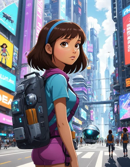 2D anime style, anime screencap, a mature adult Dora the Explorer with long brown hair tied back, makeup, wearing a modern explorer outfit with a high-tech backpack. She is standing at a busy intersection in a futuristic city during the day, looking up at towering skyscrapers with holographic advertisements. Flying vehicles zoom by above her, and the streets are filled with people and robots. She holds a futuristic map device, looking determined. High detail and complexity, vibrant colors, dynamic lighting, immersive atmosphere