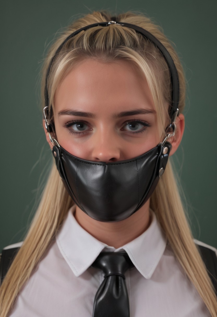 heavy leather muzzle gag, wearing gag, gagged, g4g, classroom gag for school girl, realistic, blonde ponytail, (looking at viewer)