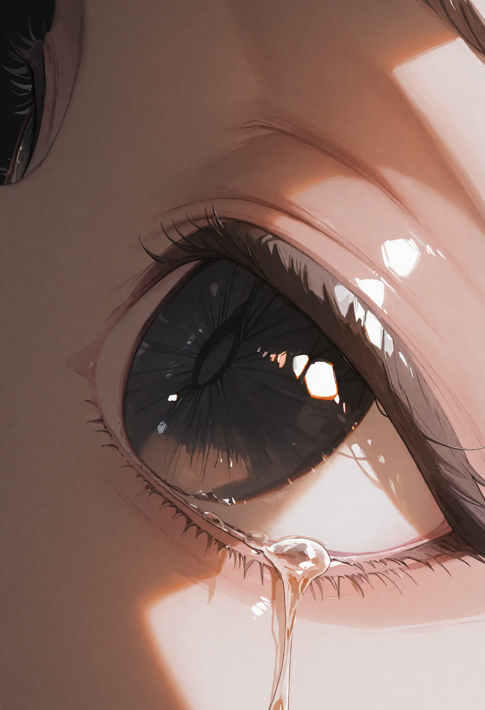 masterpiece, best quality, newest, absurdres, highres, very awa, anime screencap, no lineart:1.3, sketch, limited palette, liquid, eye focus, dynamic angle, reflection, extreme close-up, eyelashes, laying down, looking up, dark background, tears, sunlight, reflection, eye reflection, one eye, extreme close-up, star \(symbol\), star pupil, black eyes, looking up, iris stretching,