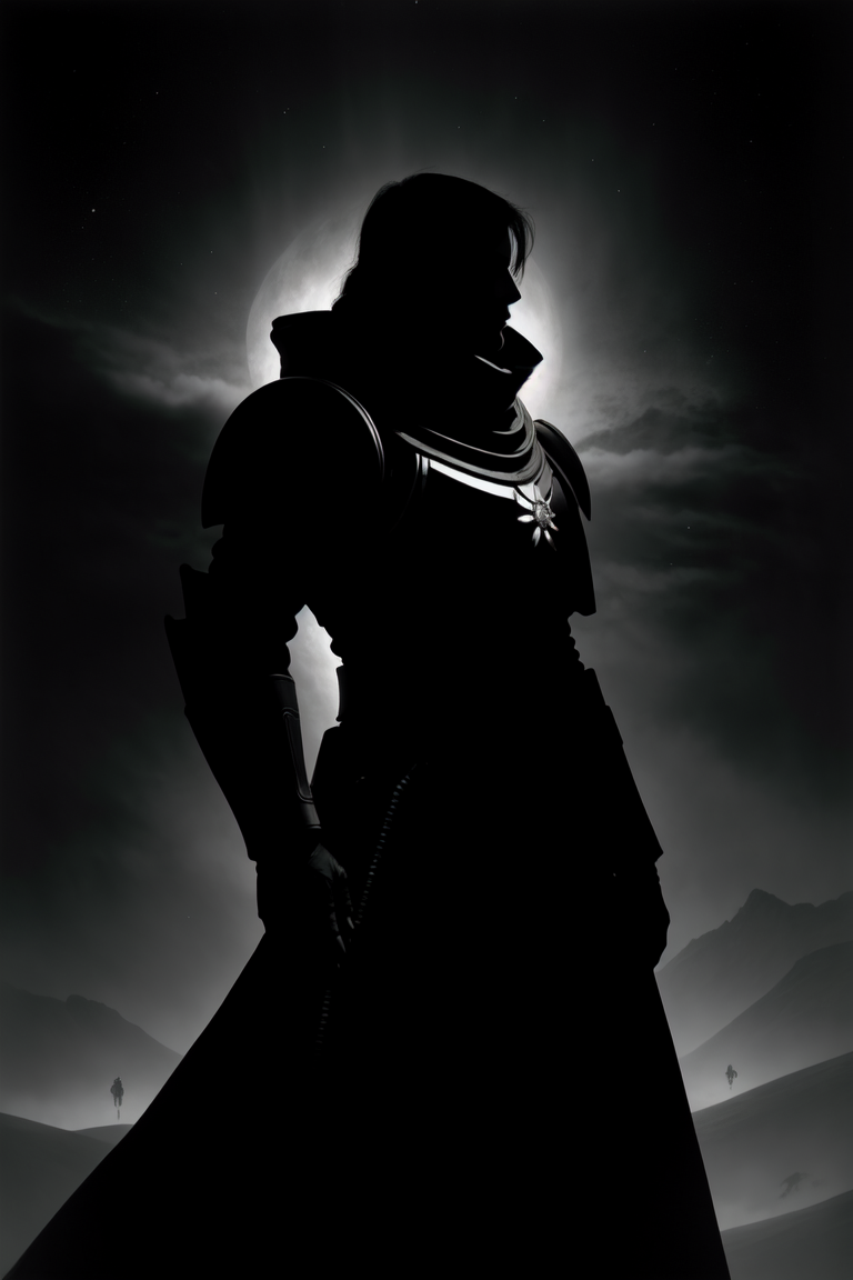 Astartes, silhouette, monochrome, greyscale, BREAK <lora:epi_noiseoffset2:0.65>, <lora:more_details:0.4>,