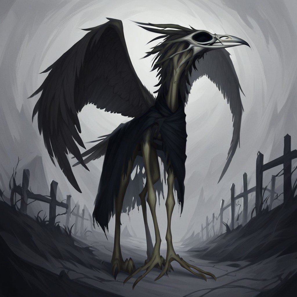masterpiece, score_9_up, score_8_up, score_7_up, score_6_up, score_5_up, source_furry, (best quality:1.1), ultra-detailed, high resolution, solo, Maar, death god, skeletal body, dark feathered wings, long talons, beak, glowing empty eye sockets, midnight black cloak, moonlit background, mist swirling around, standing in a graveyard, grave stones, overgrown vines, gothic atmosphere, crypt in the distance, dramatic lighting, (8k), sharp focus, glowing aura of darkness, heavy shadows, extremely detailed cloak, intense expression, eerie and cold environment, Expressive, detailed background, OverallDetail