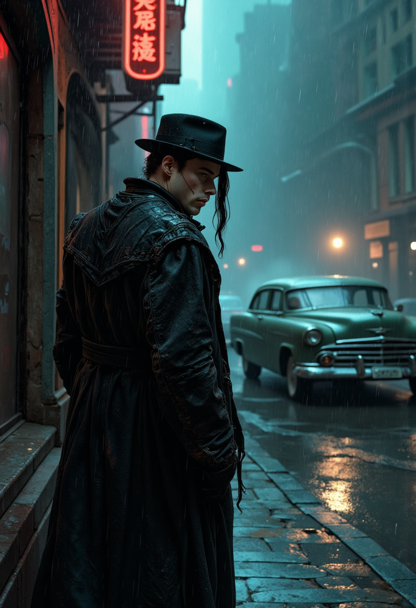 dark fantasy aesthetic. , digital artwork of a futuristic,  , epic.  luminescence, ultra realistic, hyper detailed, soft lighting , (Frank Frazetta), epic scale.
(detailed digital painting, detailed oil painting).

A shadowy figure emerges from the misty veil of a rain-soaked cityscape, draped in a long, weathered trench coat that clings to their silhouette, its collar pulled up to shield their face from the relentless downpour. The setting is quintessentially noir, with glistening cobblestones reflecting the faint glow of a distant streetlamp, casting elongated shadows that stretch like skeletal fingers across the wet pavement. The spy's eyes, sharp and calculating, peer through the gloom, their gaze fixed intently on some unseen target in the distance. A fedora, worn and slightly askew, sits atop their head, partially obscuring their features, while a cigarette smolders between their lips, its plume of smoke curling into the damp air. In the background, the faint outline of a vintage automobile is visible, parked beneath a flickering neon sign that casts a gaudy glow on the rain-kissed windscreen. The atmosphere is thick with tension, the air heavy with the scent of rain and cigarette smoke, as the city itself seems to hum with the quiet buzz of secrets and betrayal. The scene is rendered in a gritty, high-contrast style, with deep blacks and muted tones dominating the palette, evoking the classic cinematography of mid-century espionage films.

masterpiece, best quality, medium-format camera,  high-contrast, dramatic lighting, striking composition,  

The background is minimalist, a gradient of shadowy blue tones, amplifying the ethereal and futuristic ambiance of the scene. The overall composition feels cinematic, blending high fashion with a science fiction aesthetic. . Exquisite cyberpunk. retroFuturism.Frank Frazetta,
..razum  
 .

 An otherworldly atmosphere.
(Depth of field), low saturation,detail. mythp0rt Stylish, charismatic. ,.
masterpiece,   ,KNRm,  
,

Otherworldly atmosphere. aidmamj6.1
(Depth of field), low saturation,detail. mythp0rt, Stylish, charismatic


